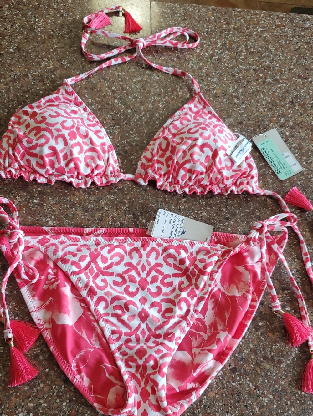 Tommy Bahama Scrolls CORAL & White Patterned Triangle Bikini Set